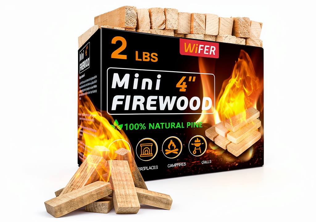 WIFER mini firewood box with pine sticks on a camping table