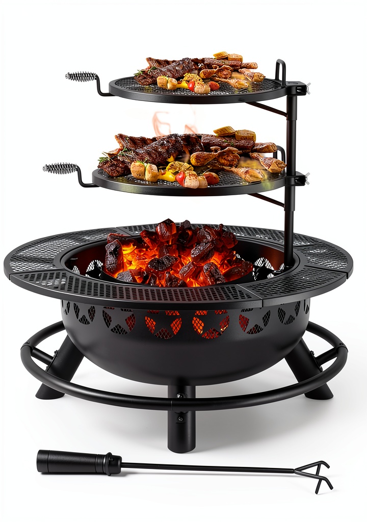 Hykolity fire pit in a backyard setting with flames and cooking grate