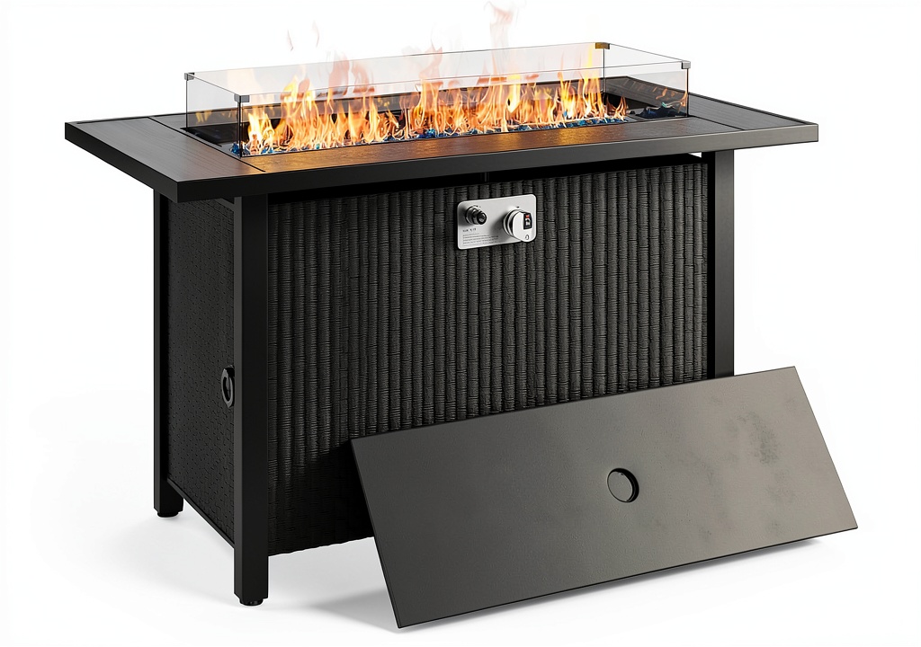 Shintenchi 45-inch fire table in a patio setting with flames active