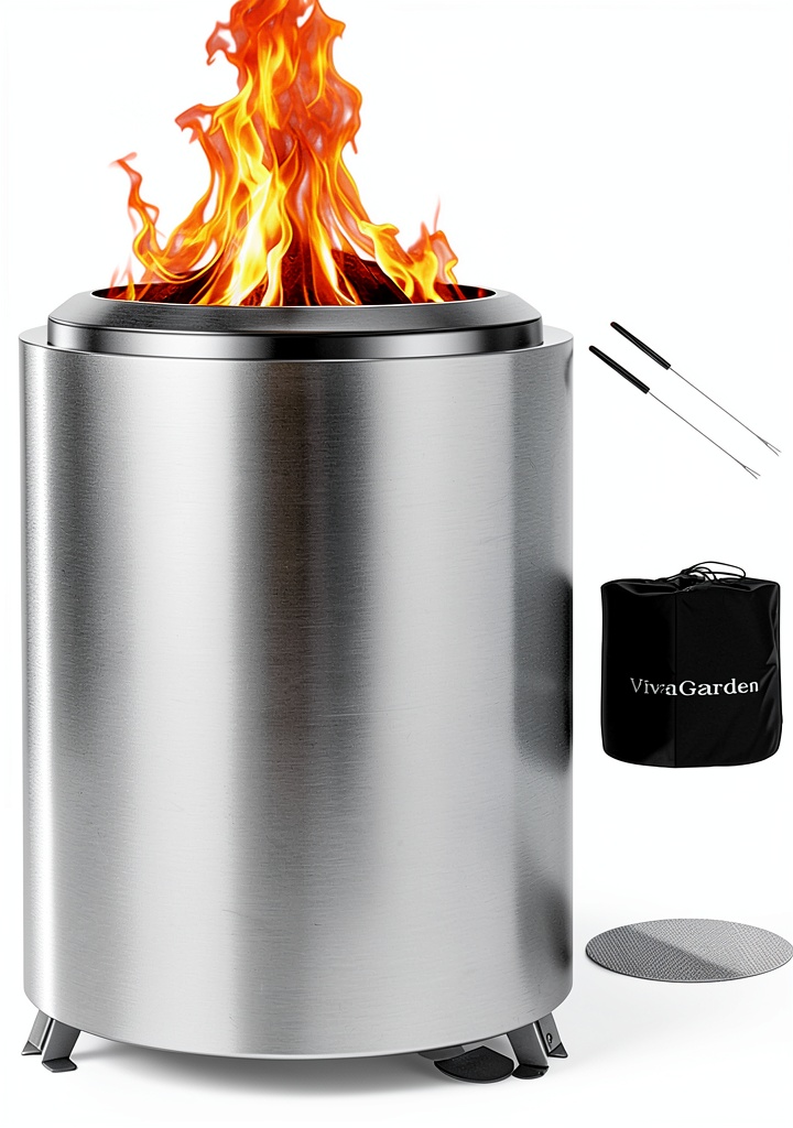 VivaGarden stainless steel tabletop fire pit on a patio