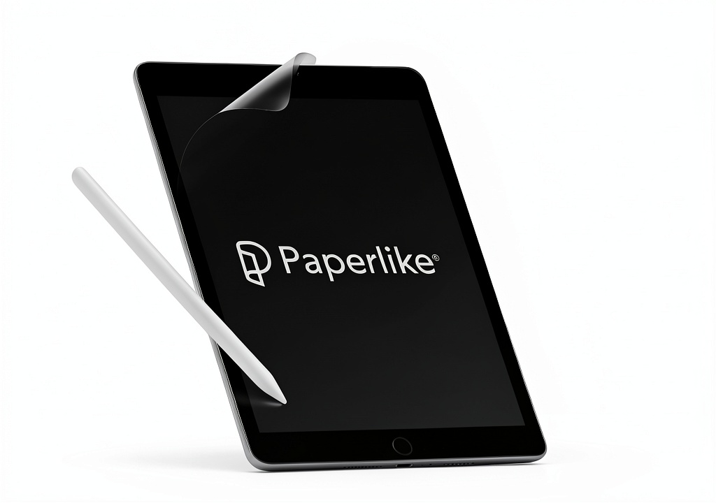 Artist using iPad with Paperlike screen protector in a bright studio
